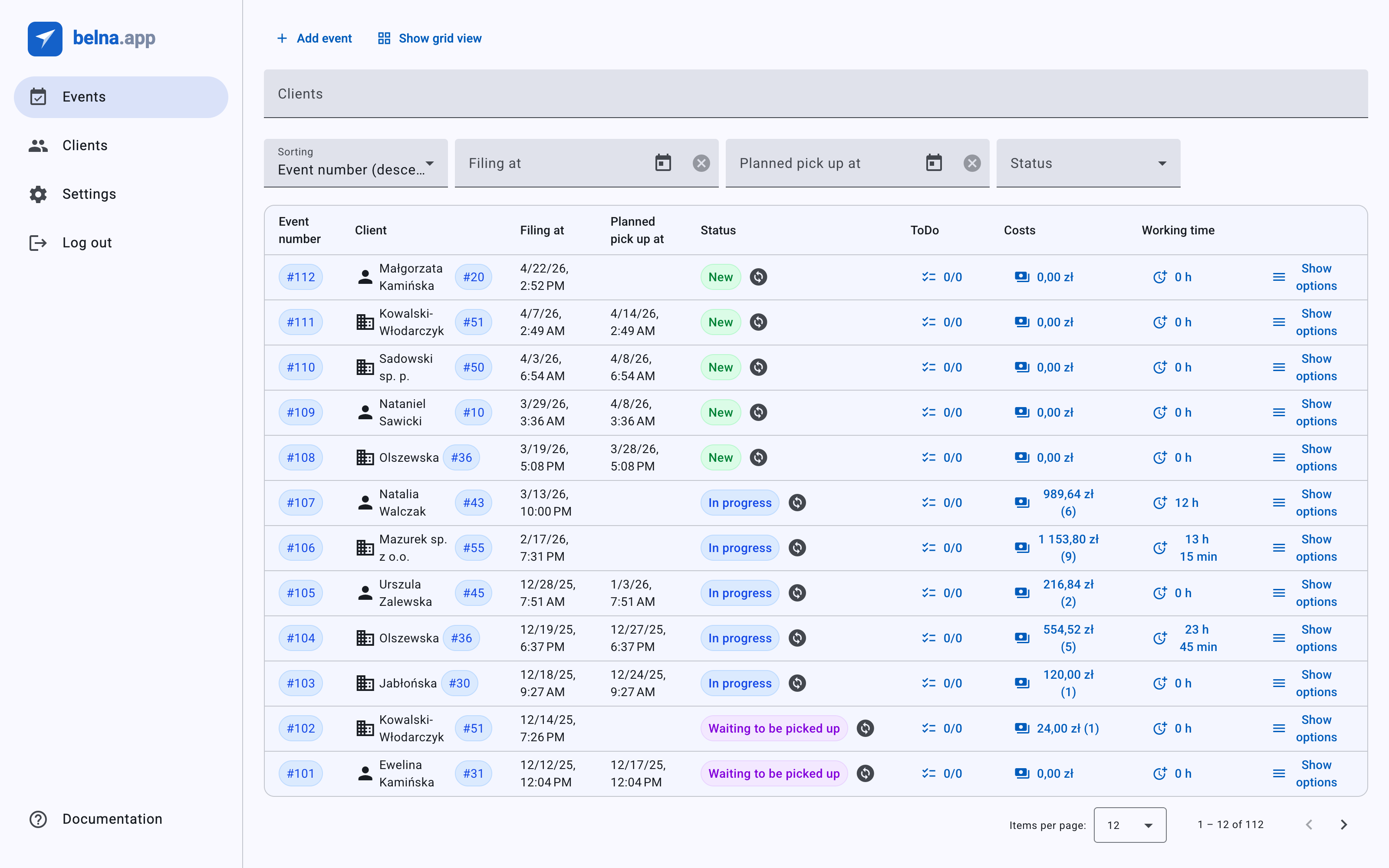 belna.app on a desktop: side navigation for Events, Clients and Settings next to the full job table with number, client, dates, status, costs and working time.