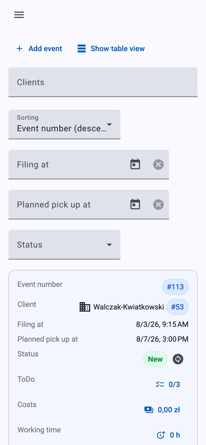 The same view on a phone: navigation folds behind an icon, the filters stack one under another, and a job fills the whole card.