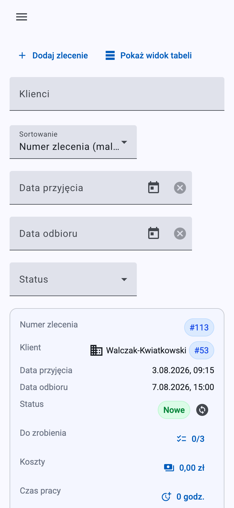 Ten sam widok na telefonie: menu chowa się pod ikoną, filtry stają jeden pod drugim, a zlecenie zajmuje cały kafelek.