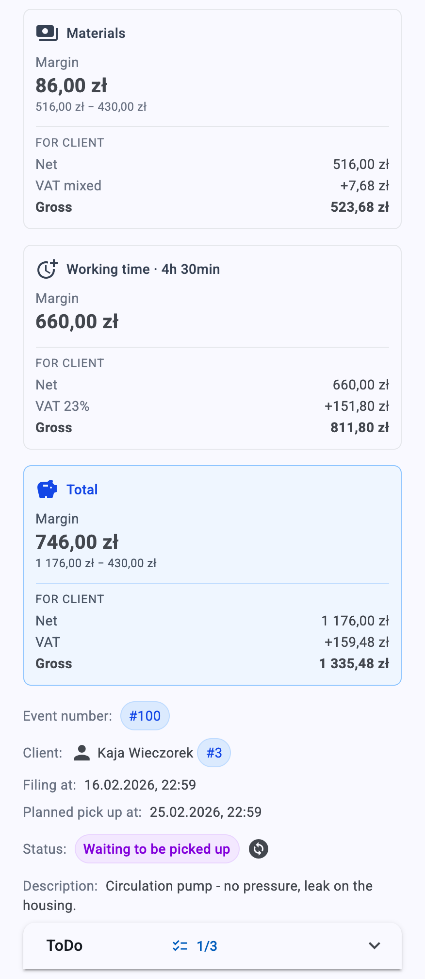 Job preview: materials margin PLN 86.00, working-time margin PLN 660.00 over 4h 30min and a total of PLN 746.00, each with the net, VAT and gross the client pays, and a 1/3 checklist below.