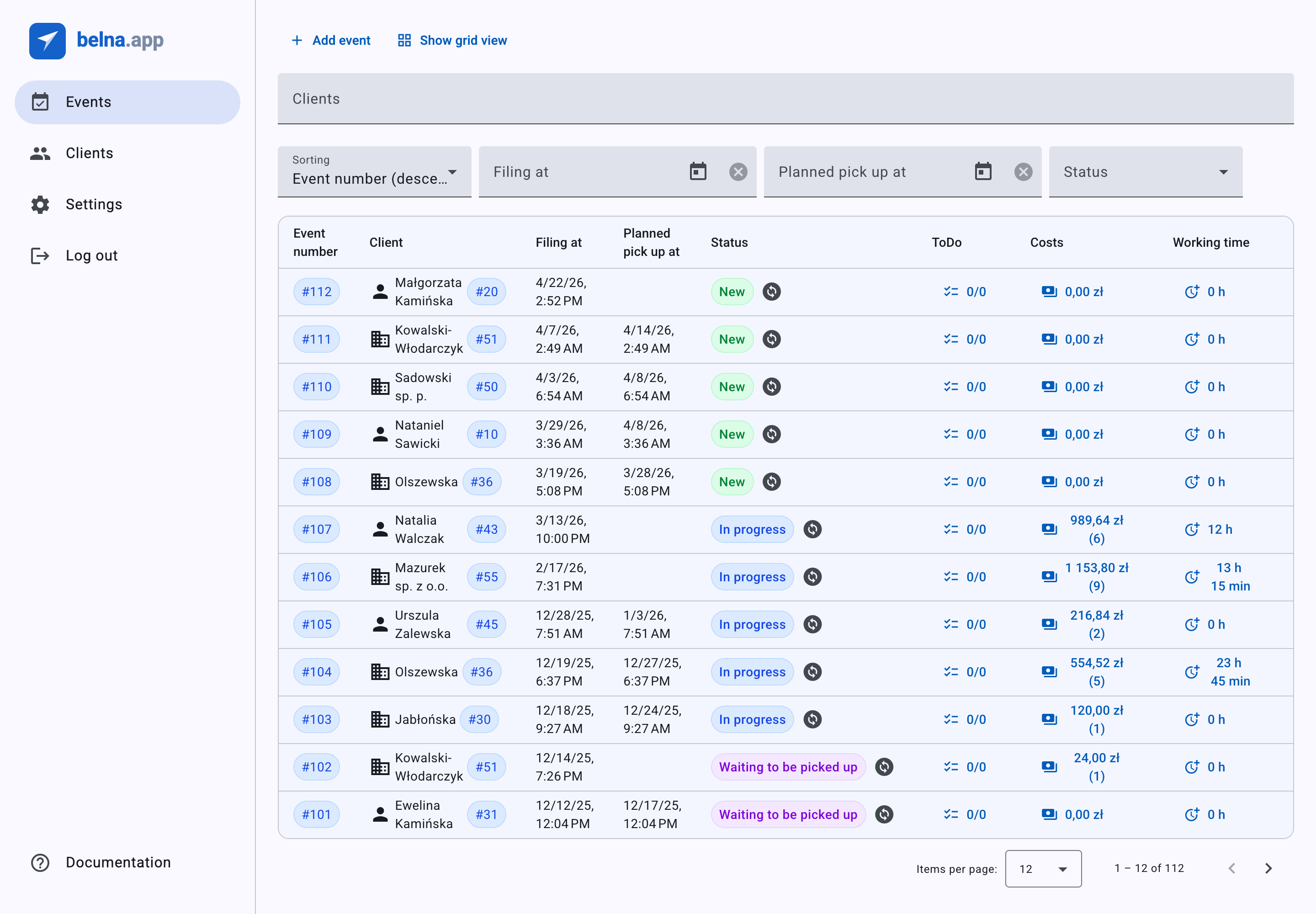 The belna.app job list, showing each job's client, dates, status and running totals for to-dos, costs and working time.