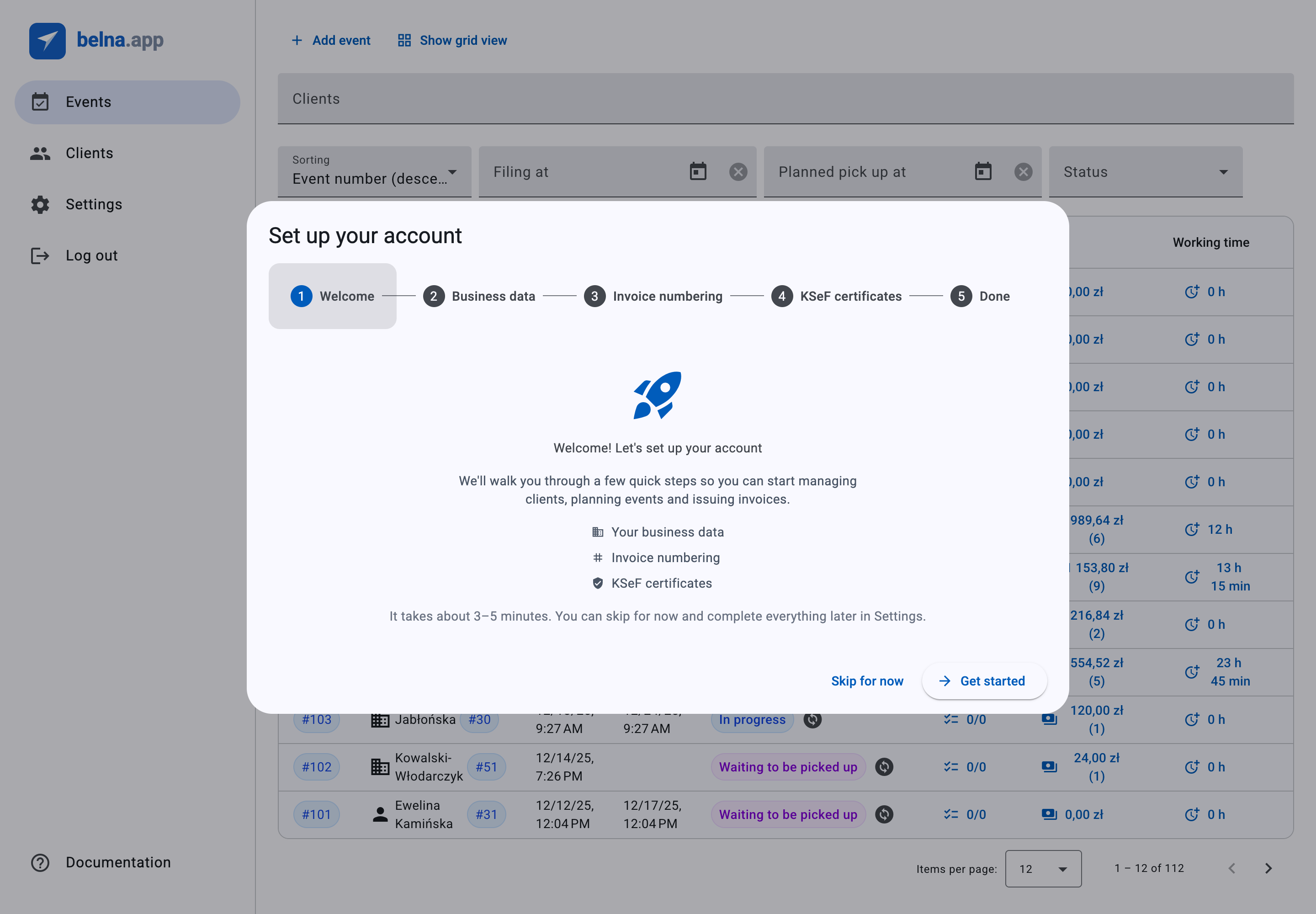 The onboarding wizard, walking through business data, invoice numbering and KSeF certificates.