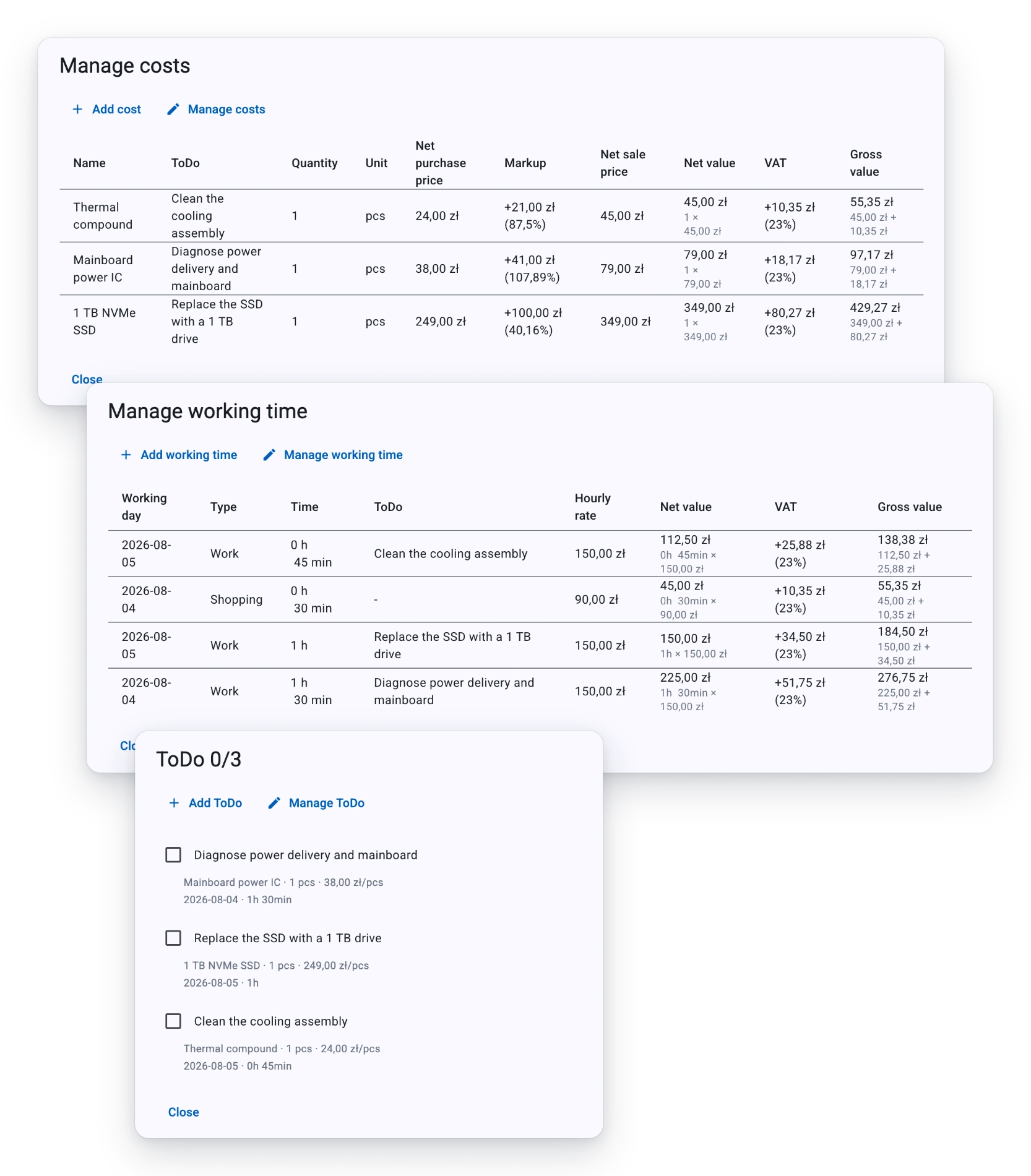 Three windows from the same job stacked on top of each other: the full parts list with purchase price, markup and sale price, the full working-time list with type and rate, and the checklist with the parts and hours booked against each task.