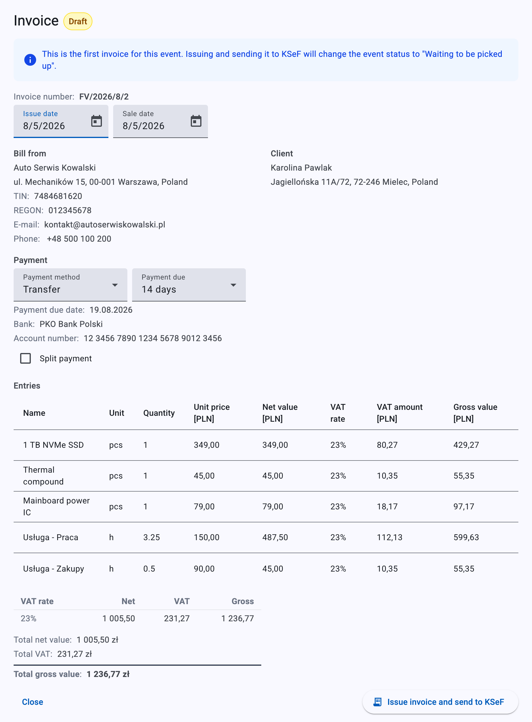 The whole invoice badged “Draft”: number, issue and sale dates, both parties' details, the payment method and due date, and the lines built from the job — the three parts one by one and the hours merged into “Usługa - Praca” and “Usługa - Zakupy”, adding up to 1 236,77 zł gross.