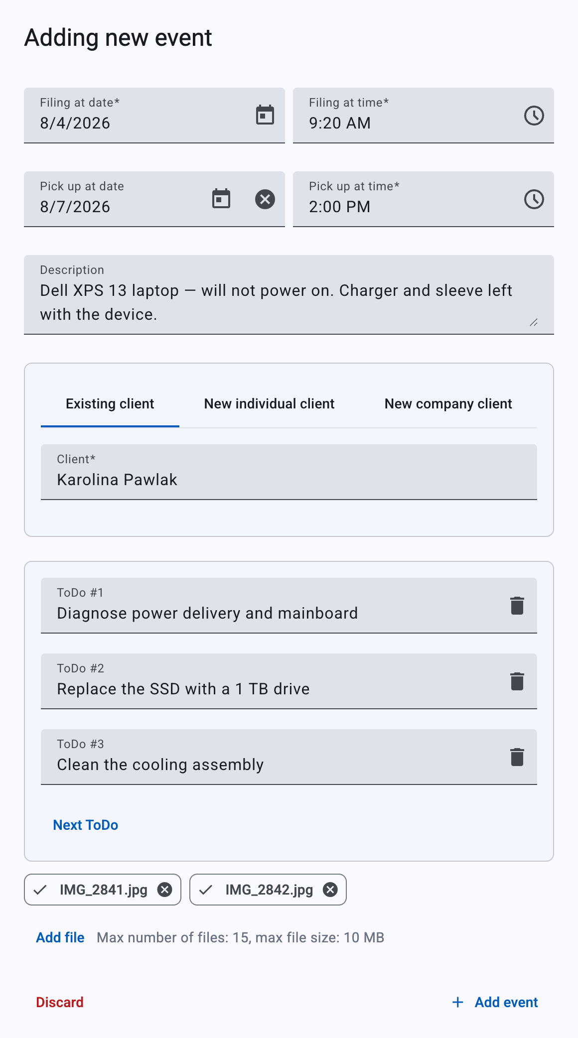 The whole “Adding new event” form: intake date and time, the planned pick-up, the fault description, the customer picker, the checklist and the attached photos.