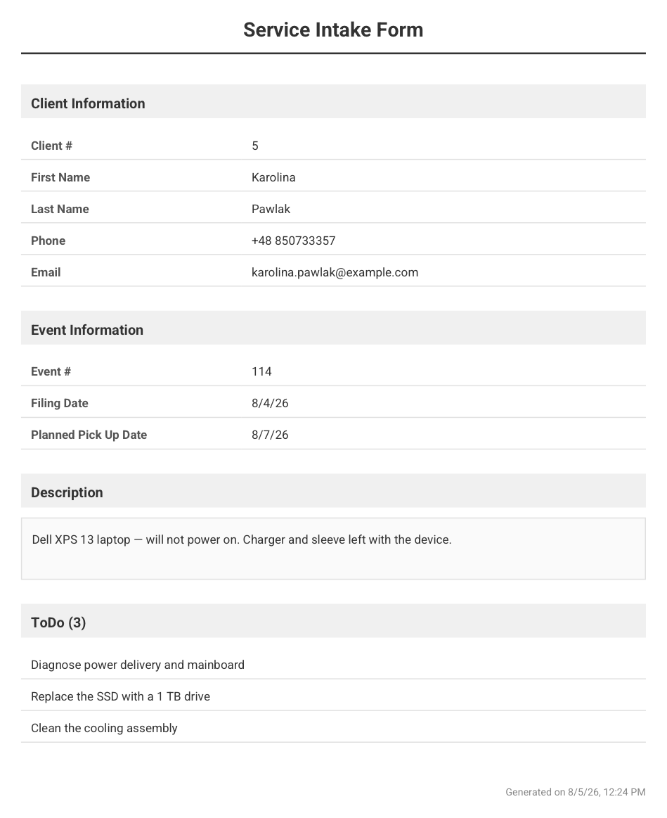 The whole generated intake form: the customer's details frozen as of the intake day, the job number and dates, the fault description and the checklist.
