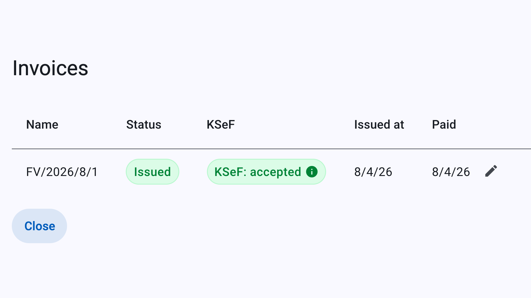 The same job's invoice list, overlapping the corner of the list: an issued invoice accepted by KSeF, with its issue date and an editable paid date.