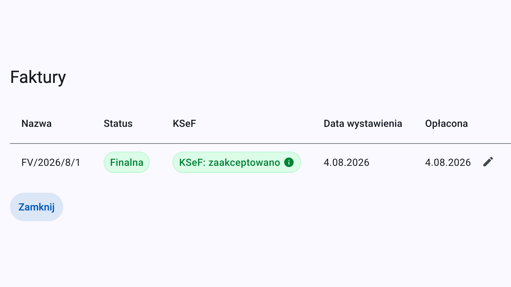 Lista faktur tego samego zlecenia nachodząca na róg listy zleceń: faktura finalna przyjęta przez KSeF, z datą wystawienia i datą opłacenia do poprawienia.