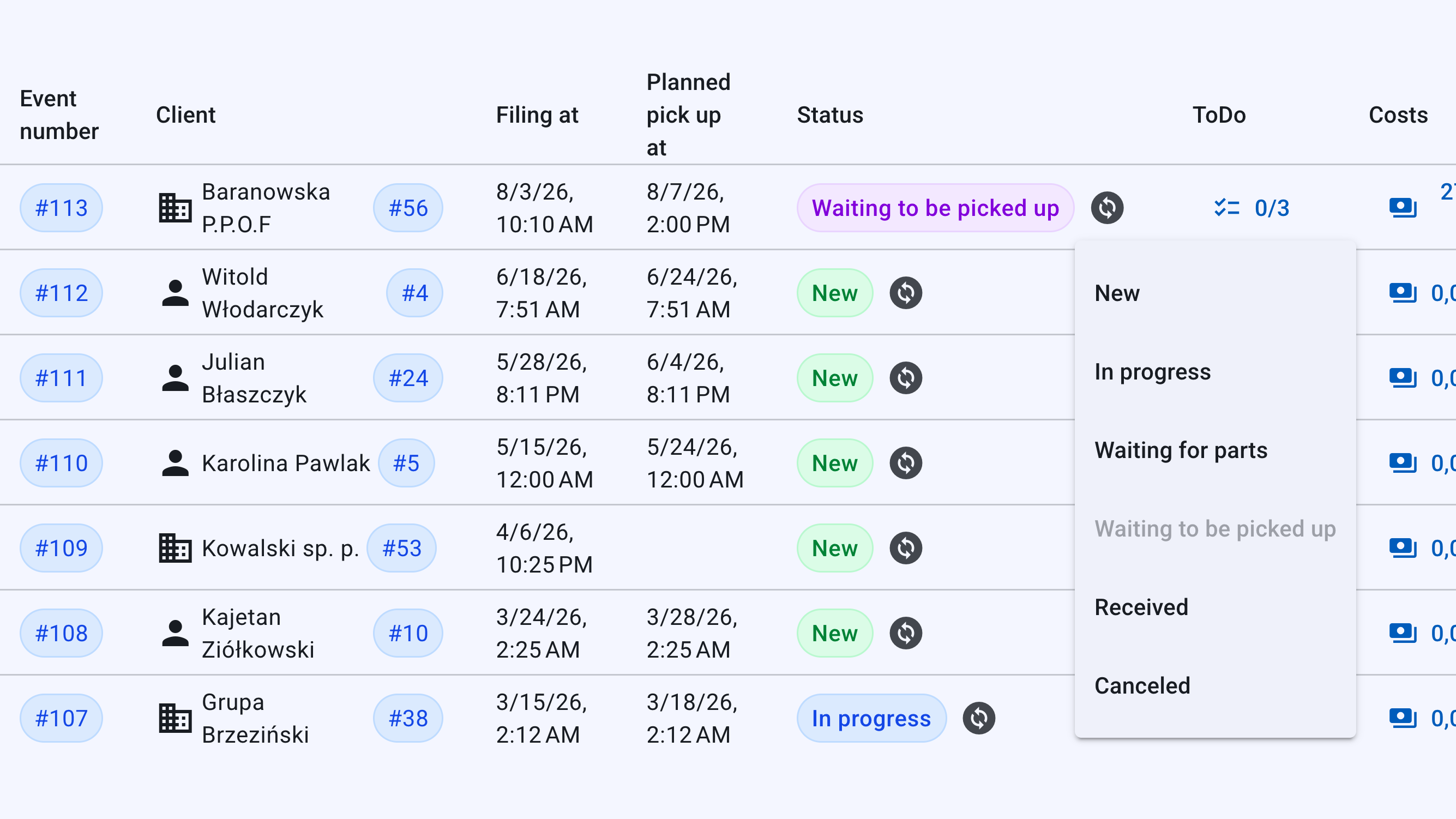 The job list with the status menu open: a job “Waiting to be picked up” being moved to “Received”.